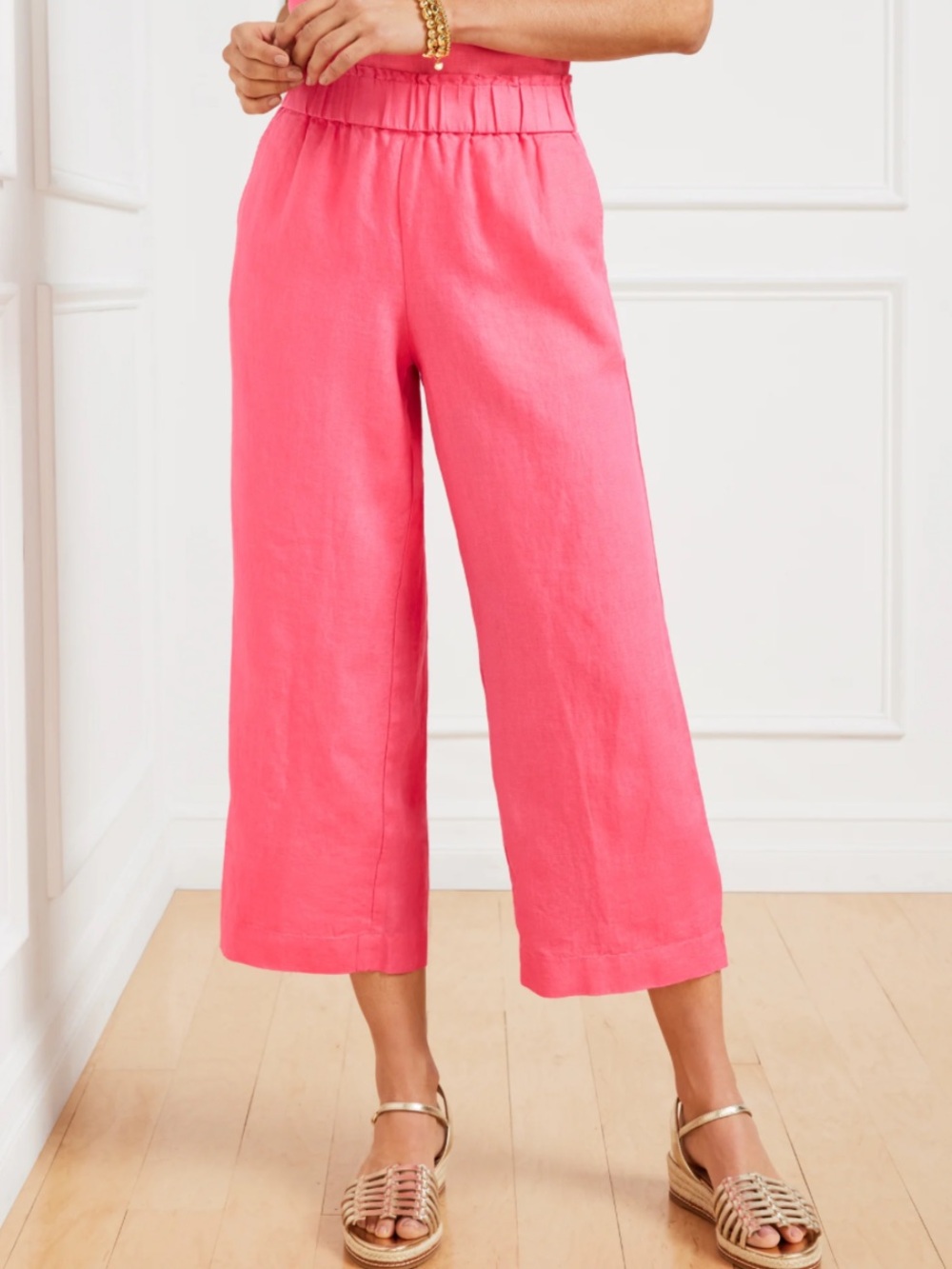 Talbots Wide Crop Pull-On Washed 100% Linen pink capri Pants L petite